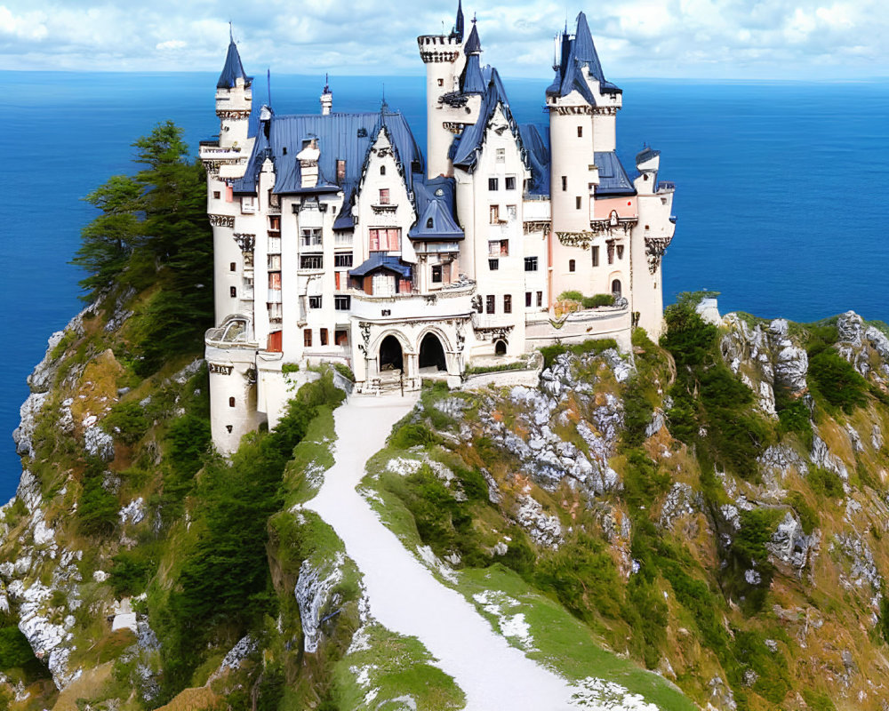 Cliff-top fairy-tale castle overlooking ocean and sky