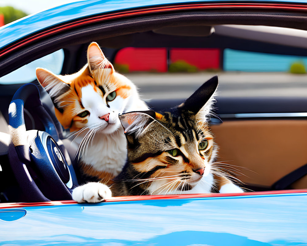 Two cats in a car, one peeking out of window, other sitting beside.