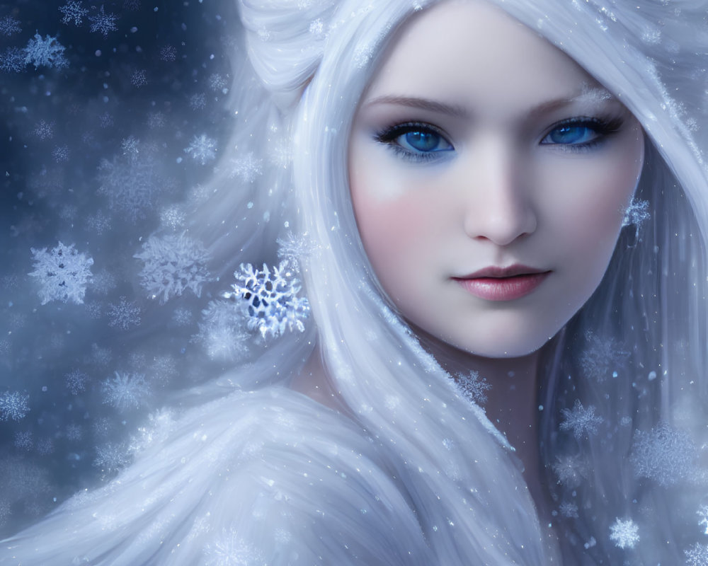 Digital artwork of ethereal woman with pale skin, icy blue eyes, and white hair in snowy scene