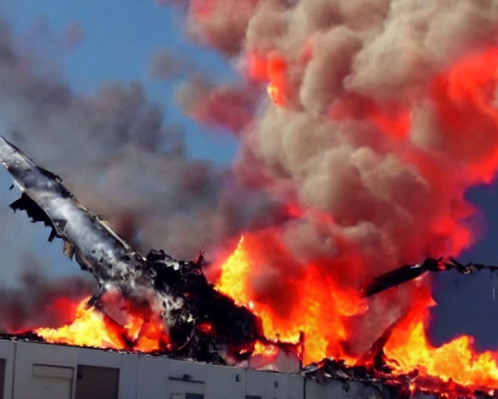 Intense airplane wreckage fire with thick smoke and firefighters.