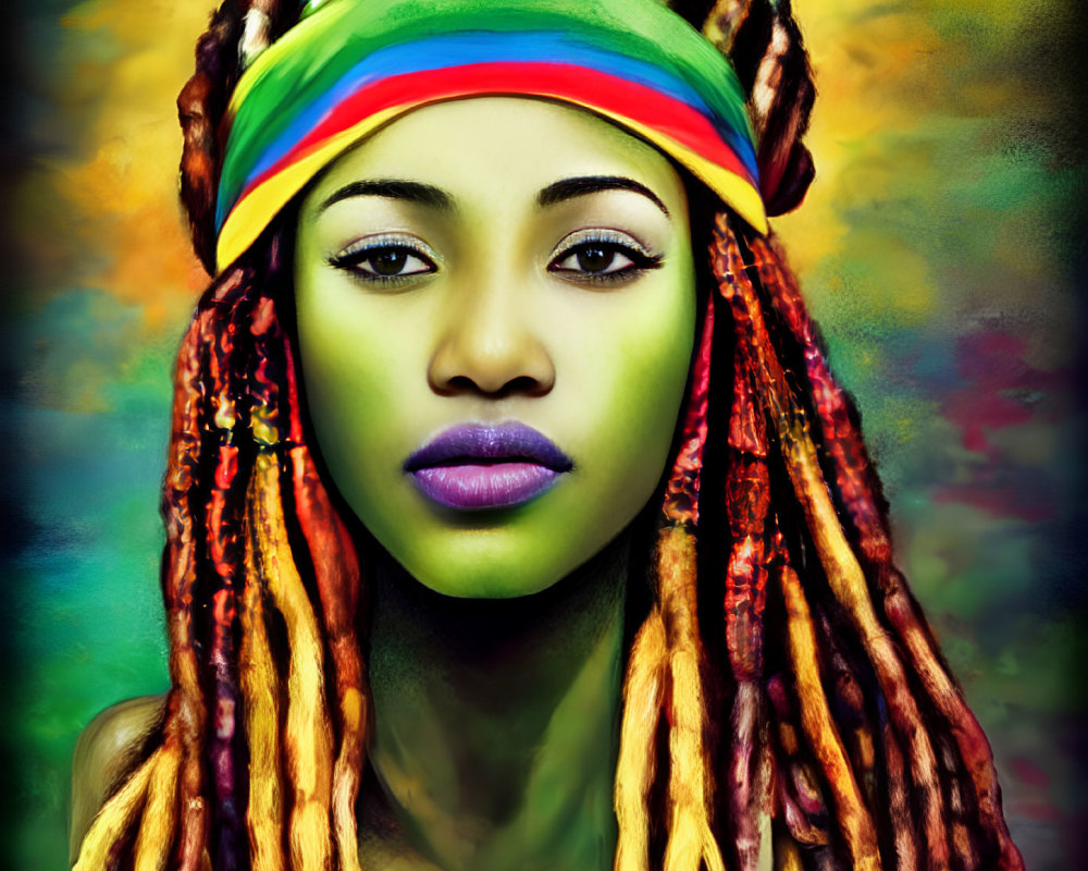 Colorful portrait of woman with dreadlocks and headband on vibrant background