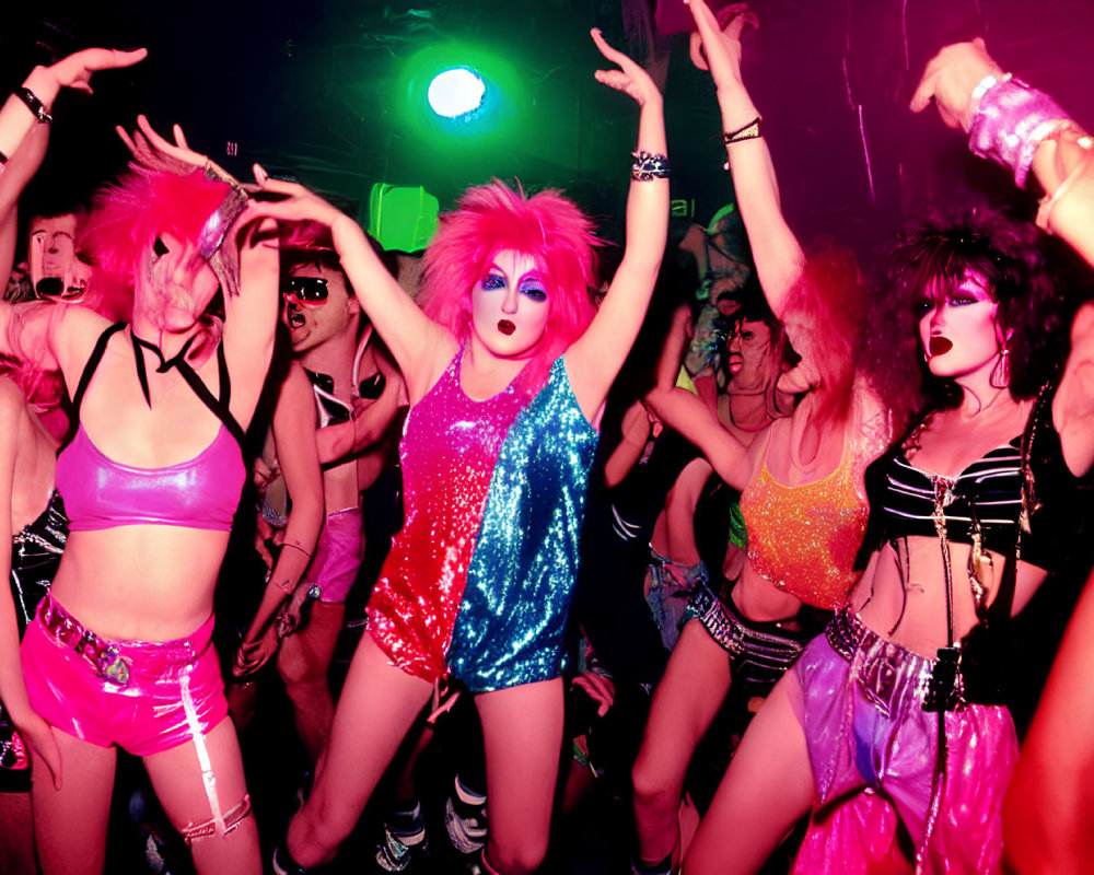 Colorful People in Glittery Outfits Dancing Under Pink Club Lights