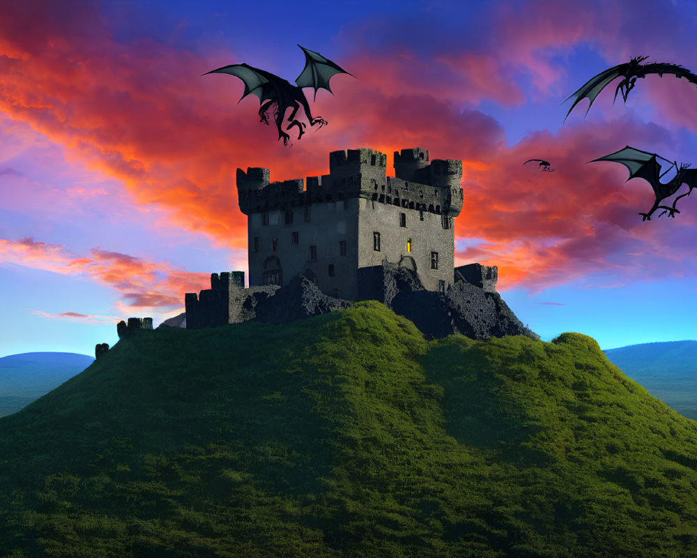 Medieval castle on green hill with dragons in dramatic sunset sky