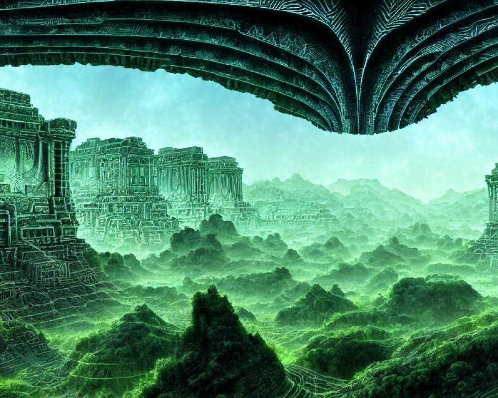 Mystical green landscape with ancient ruins and fog-covered hills