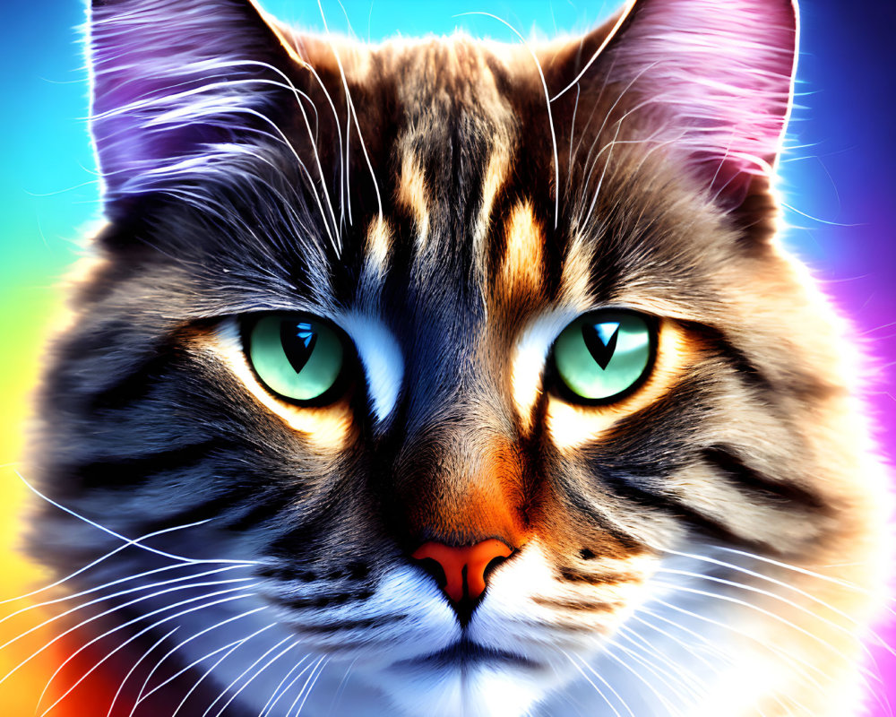 Colorful cat with green eyes on vibrant backdrop