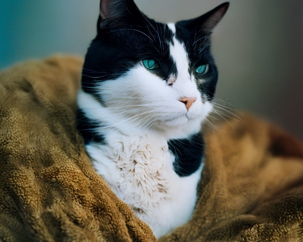 Black and White Cat with Green Eyes in Golden-Brown Blanket