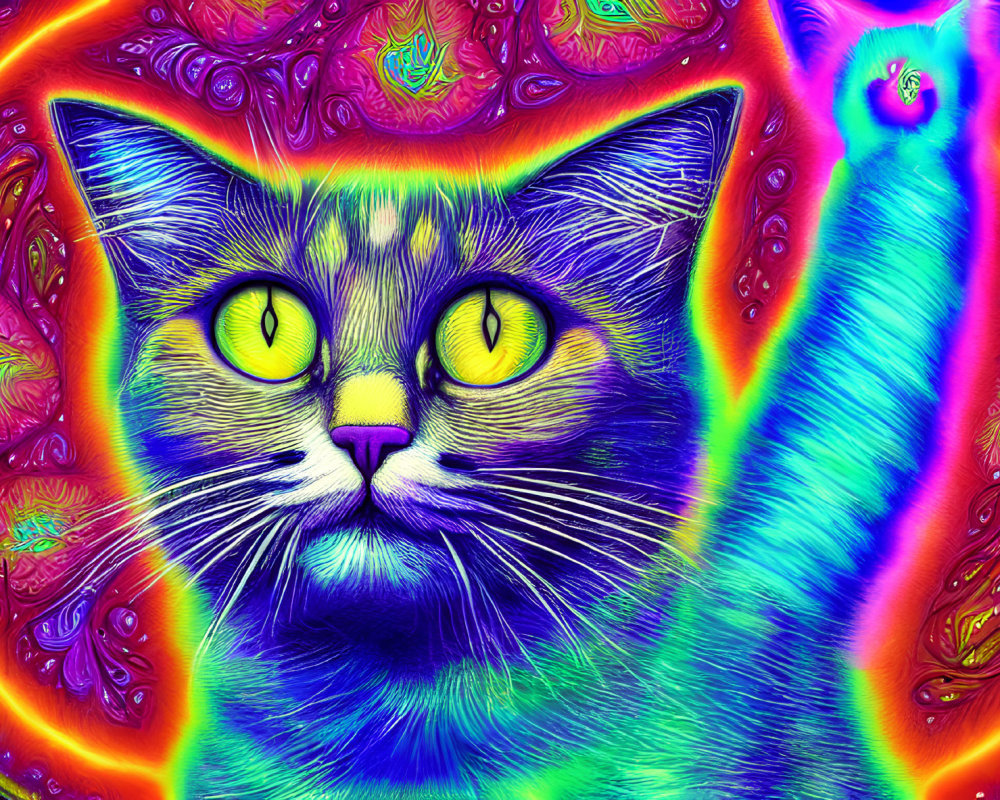 Colorful Psychedelic Cat Art with Swirling Patterns