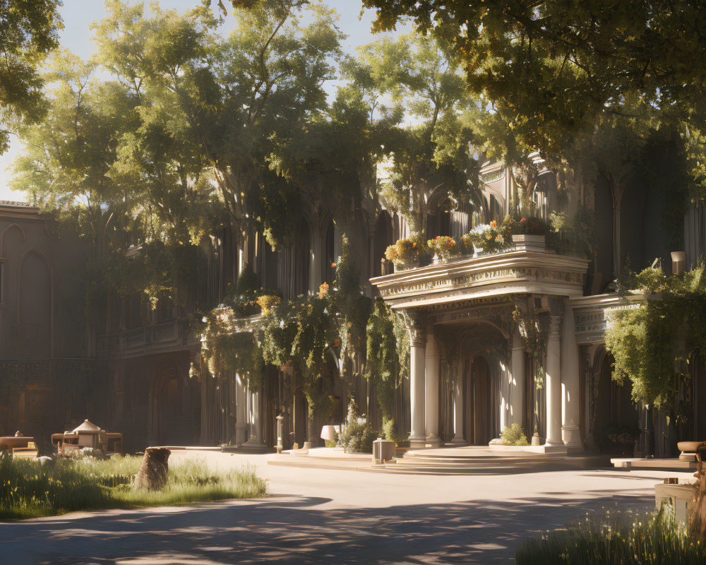 Classical architecture with columns and arches in a serene courtyard