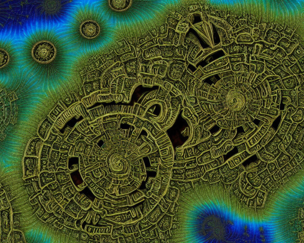 Abstract image of golden mechanical cogs on textured blue and green background