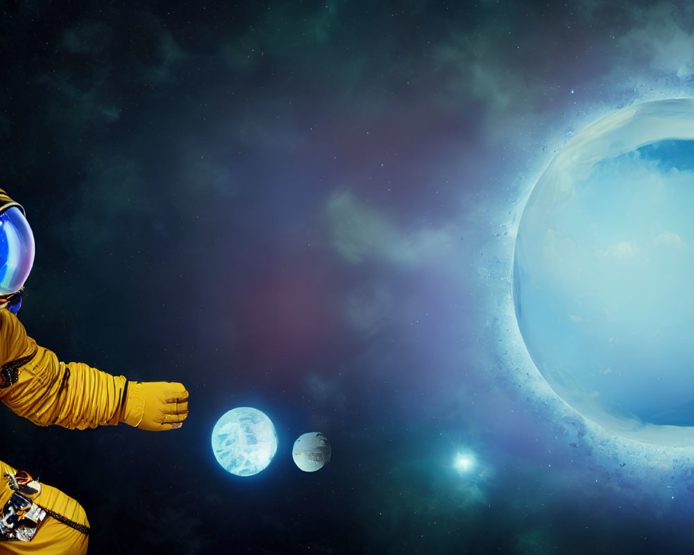 Yellow-suited astronaut floating in space towards Earth with glowing planet and stars.