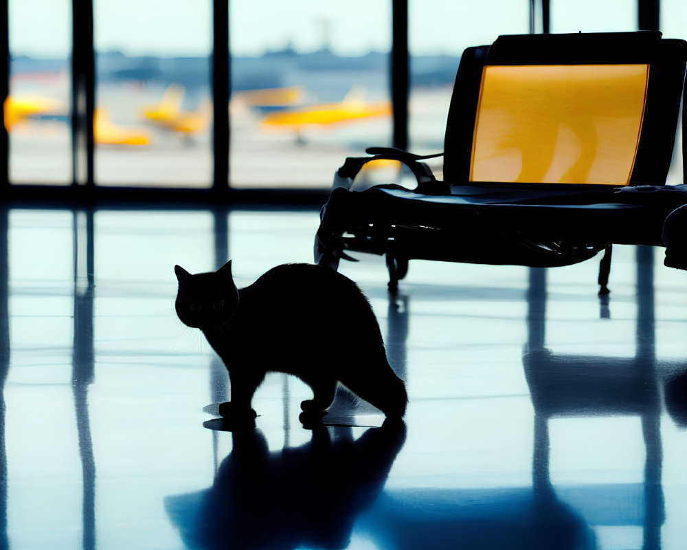 Silhouette of a cat in airport terminal with seats and airplanes visible