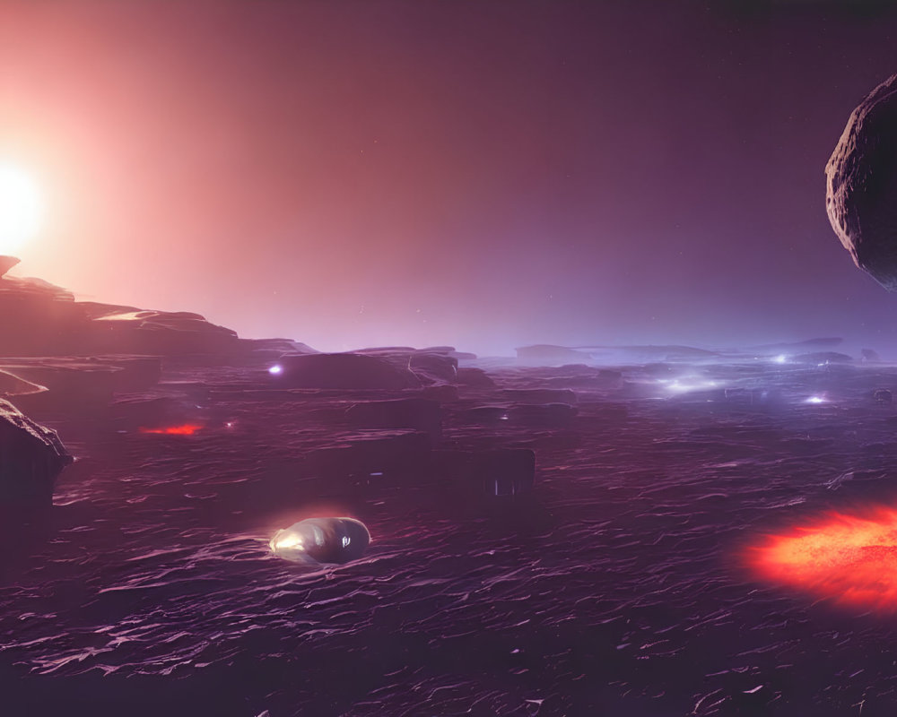 Surreal landscape with large sun, floating rocks, glowing lights, purple sky