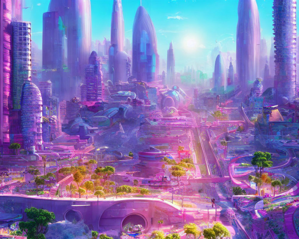 Futuristic cityscape with skyscrapers, greenery, flying vehicles, and glowing sky