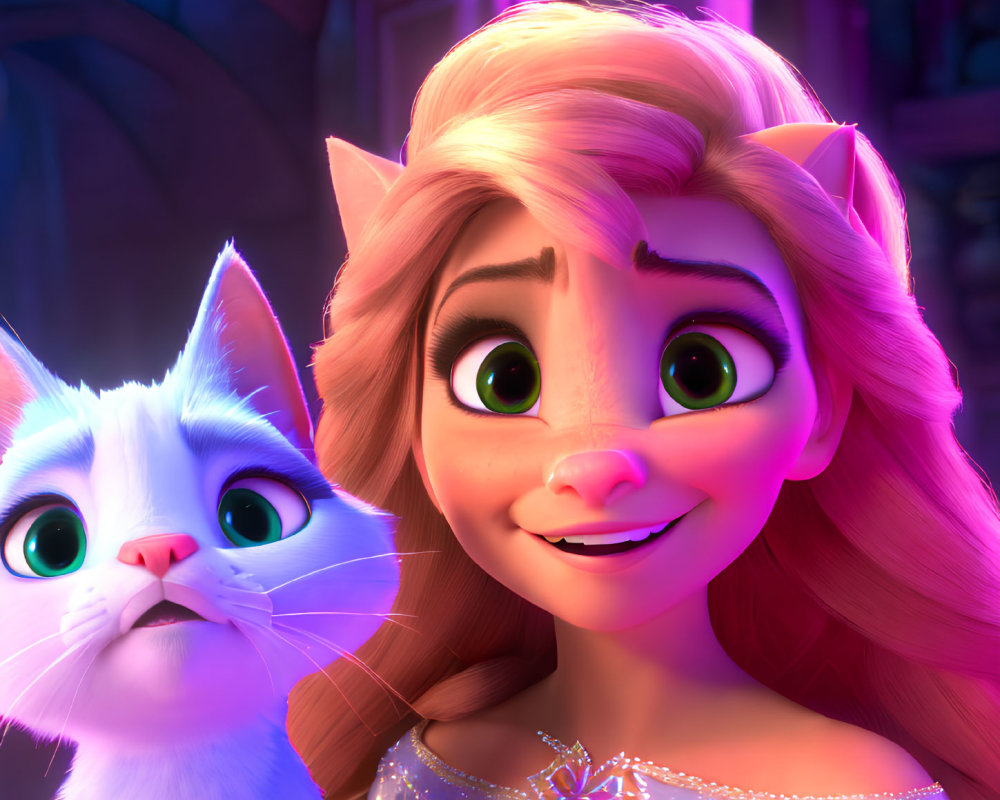 Golden-haired girl and white cat in purple dress, surprised expressions.