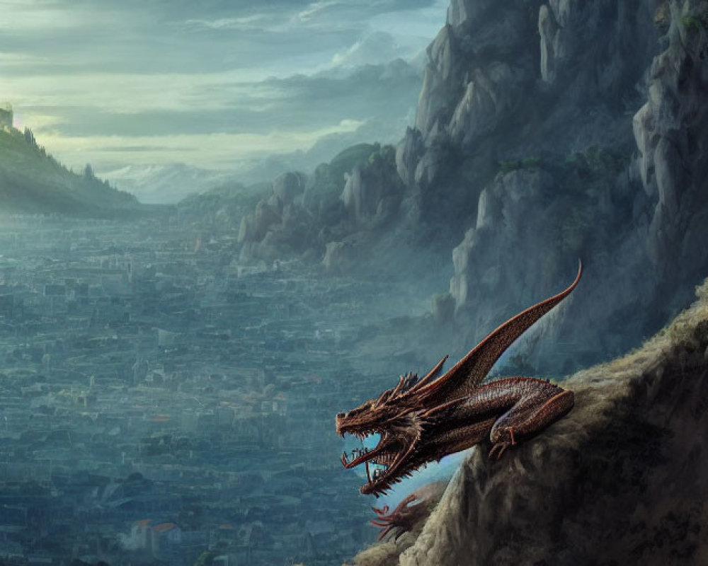 Majestic dragon overlooking ancient city and mountains