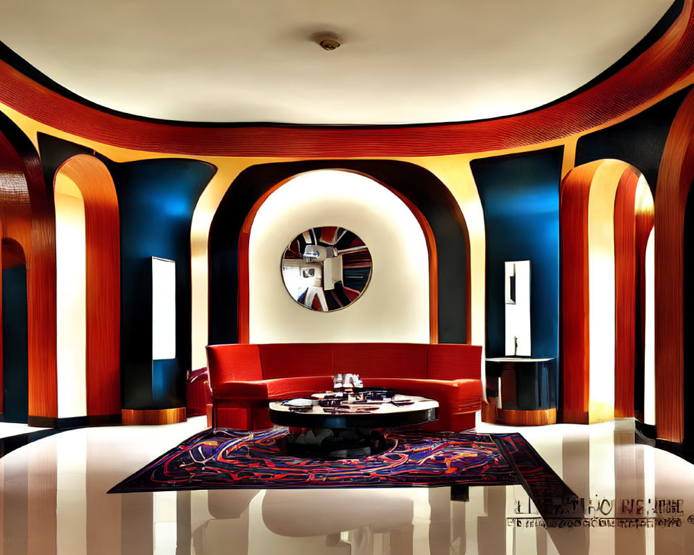 Modern Interior with Red and Blue Accents and Artistic Ceiling Design