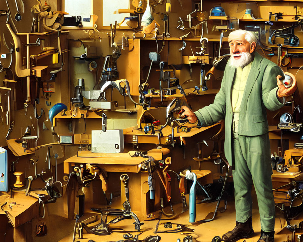 Elderly man in green suit in workshop with woodworking tools