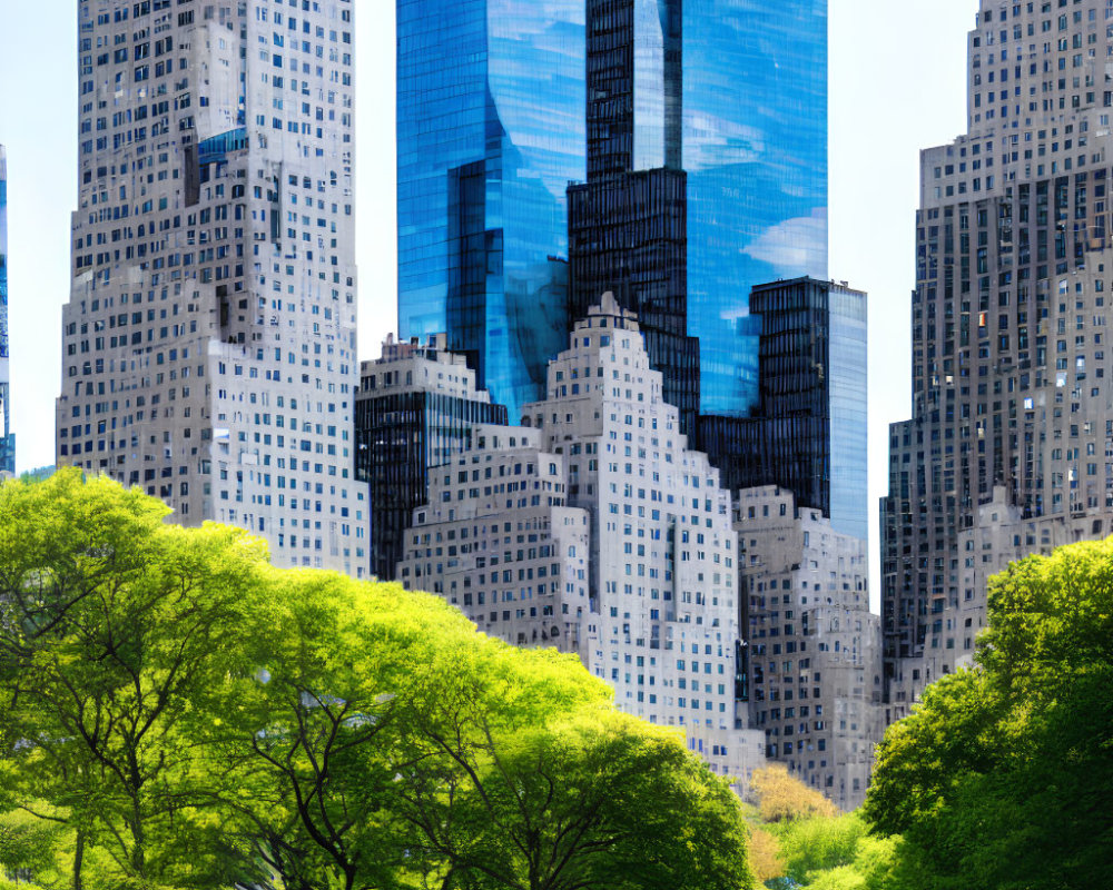 Park with Green Trees and Reflective Skyscrapers Against Blue Sky