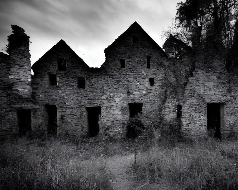 Monochrome image of abandoned stone building in nature