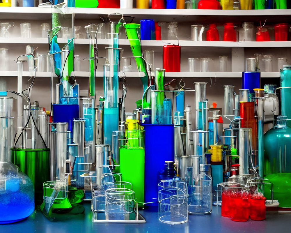 Vibrant scientific glassware and substances in a lab setting