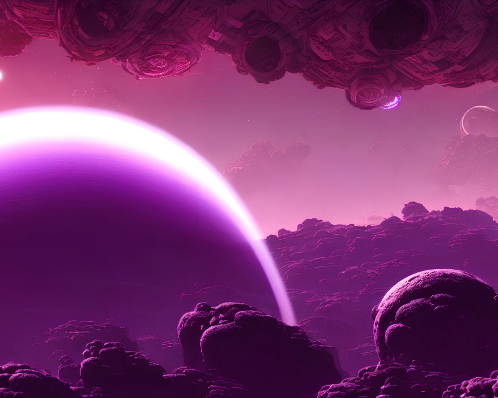 Purple-Hued Sci-Fi Landscape with Alien Structures and Multiple Celestial Bodies