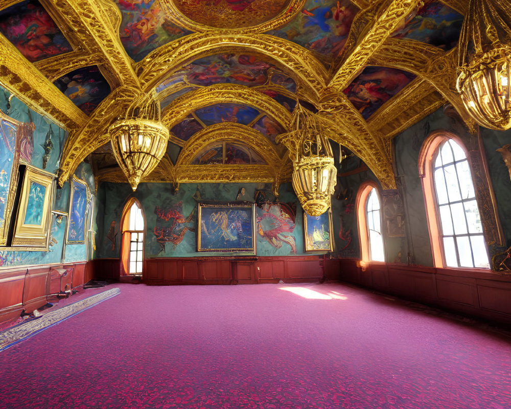 Luxurious Room with Golden Ceiling, Chandeliers, Frescoes, Red Carpet, Arched Windows