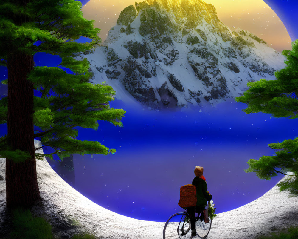 Bicyclist on hill gazes at surreal moonlit mountain landscape