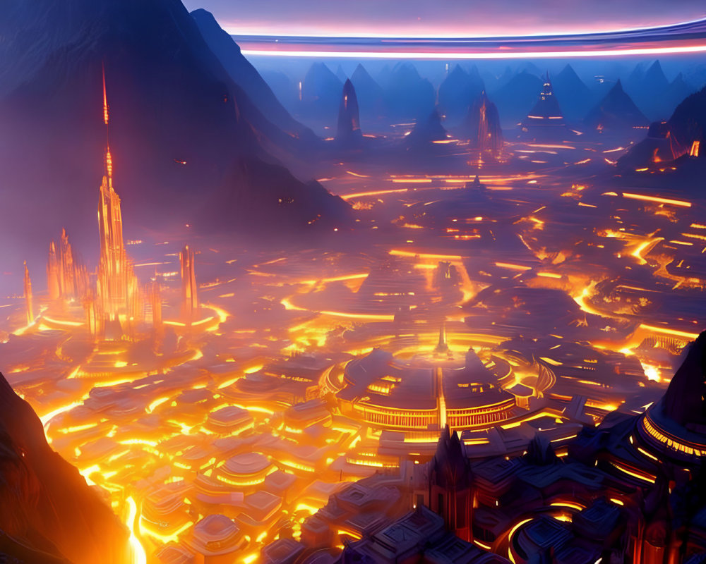 Futuristic cityscape with glowing lava rivers, towering spires, and illuminated buildings at dusk.