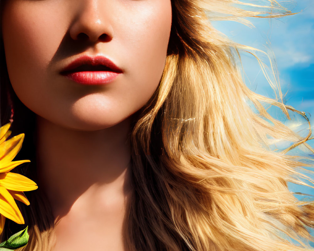 Blonde person with sunflower hair accessories under blue sky