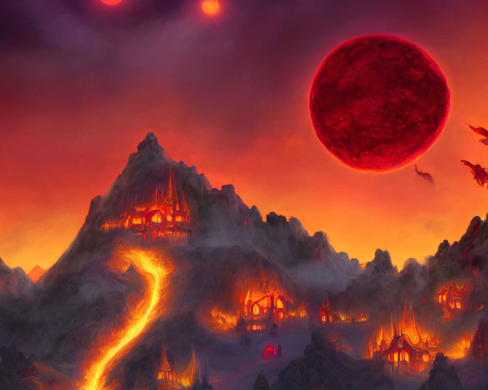 Volcanic landscape with dragons, glowing mountain structures, and dual moons