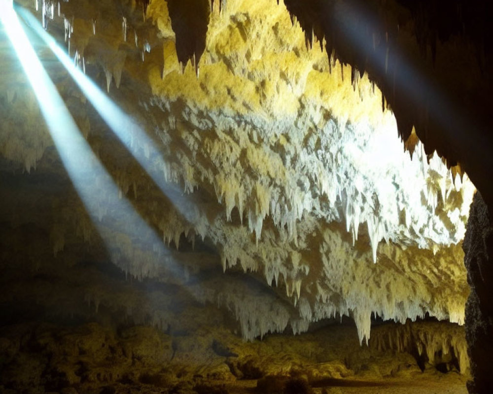 Stalactites in Cave with Illuminated Beams