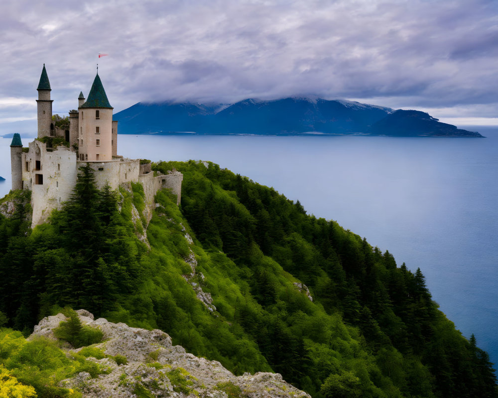 Medieval castle with turrets on cliff by blue sea