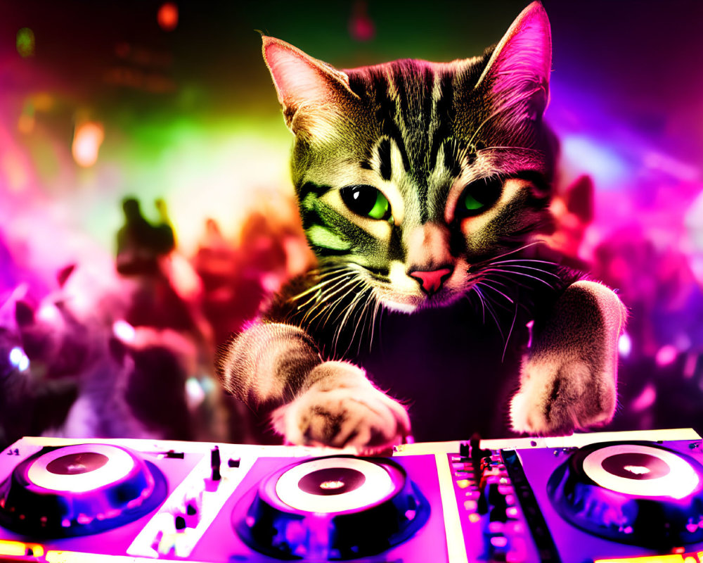 Cat DJing at a colorful party with crowd and lights