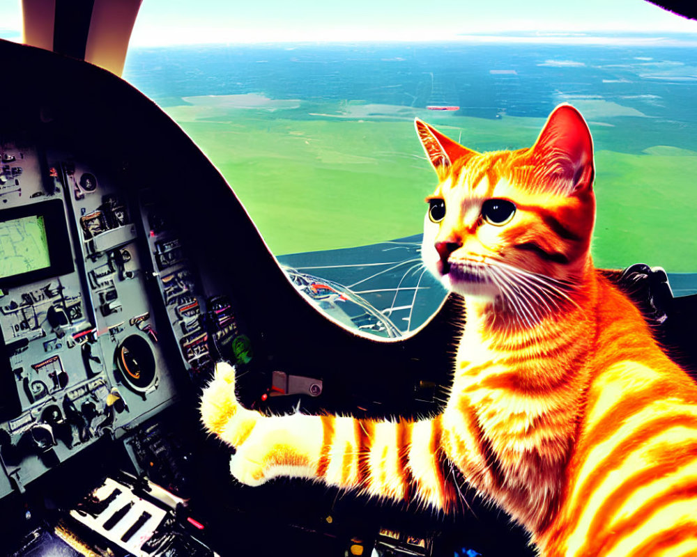 Orange Tabby Cat in Cockpit Overlooking Green Landscape