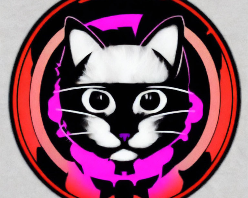 Monochrome Cat Graphic with Bat Silhouette in Circular Pink and Black Frame