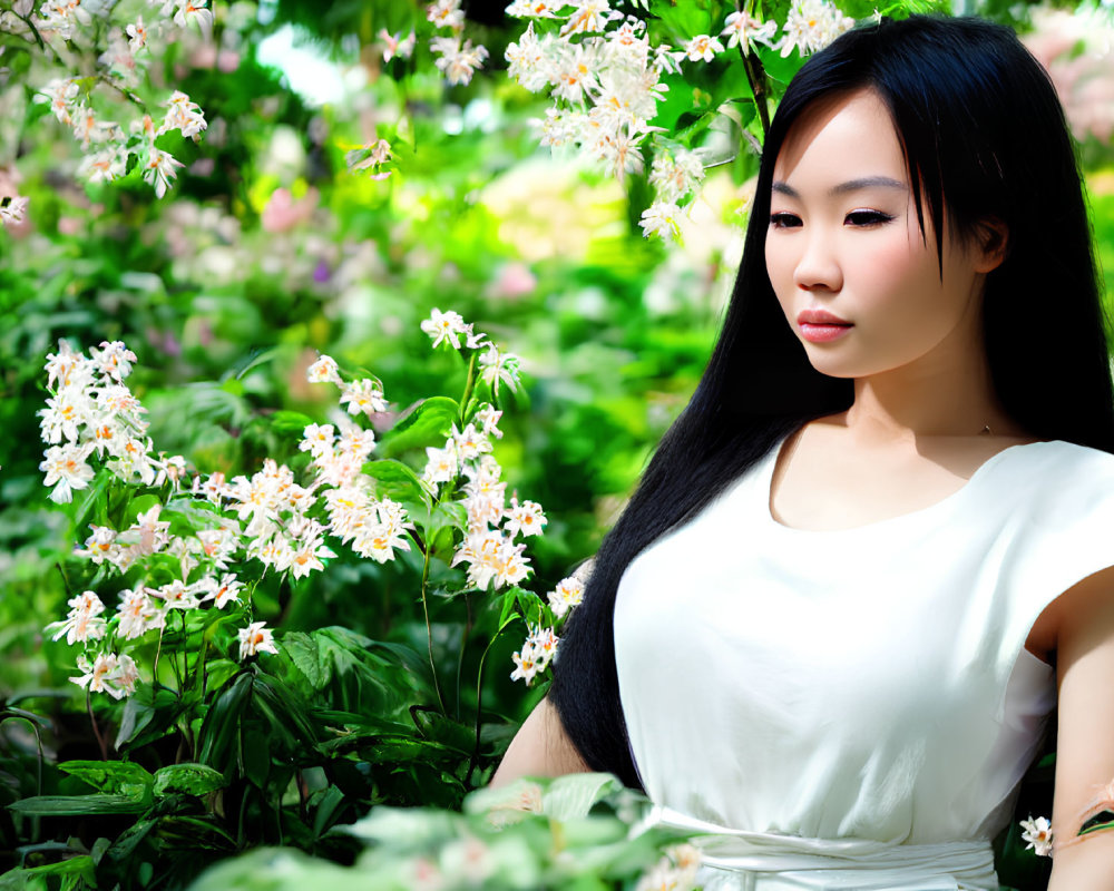 Woman in White Dress Surrounded by Blooming Flowers in Serene Garden