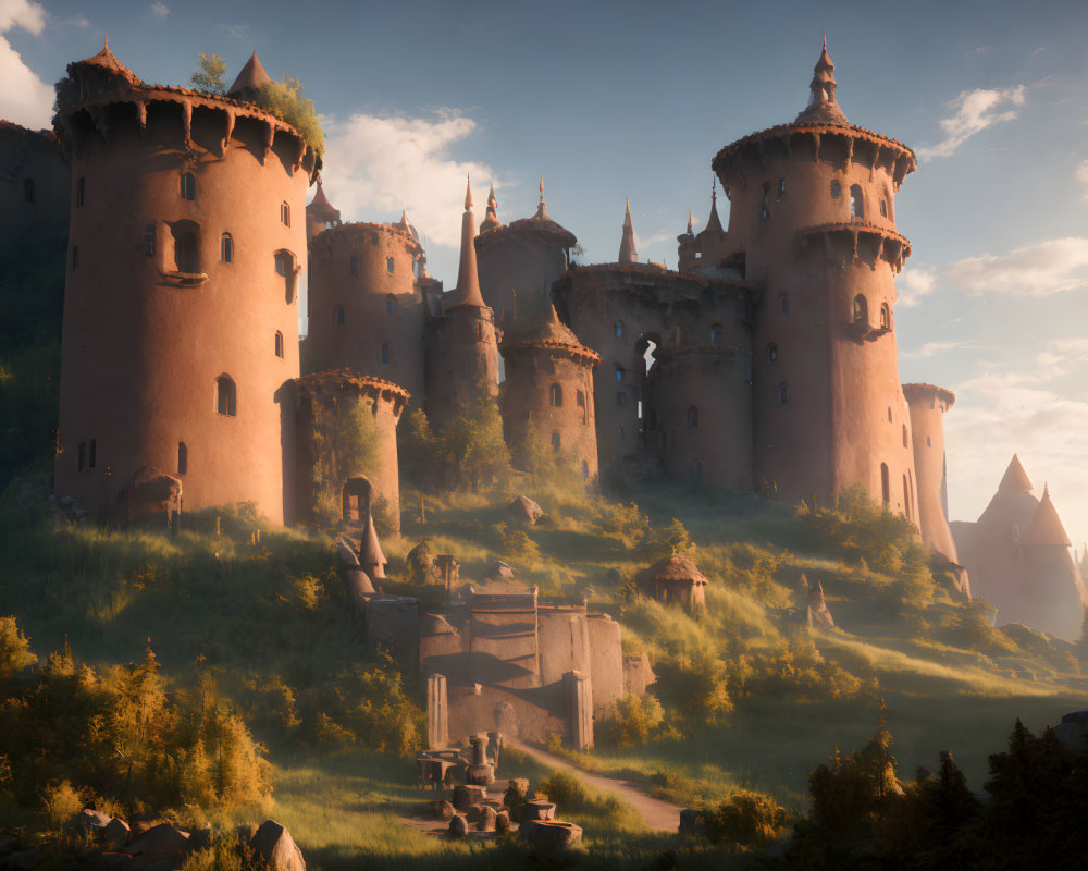 Majestic fantasy castle at sunset with towers on a hill