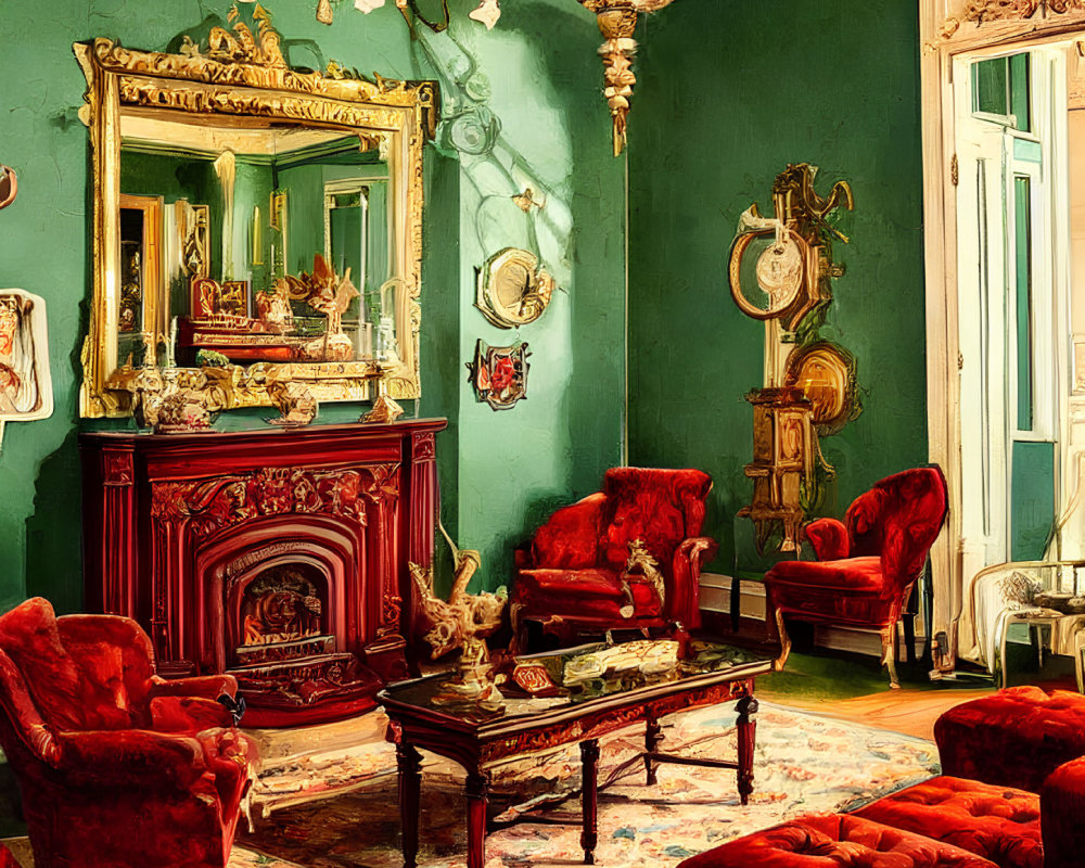 Luxurious Vintage Room with Red Furniture, Gold Mirror, Fireplace, Chandelier, Green Walls, Art