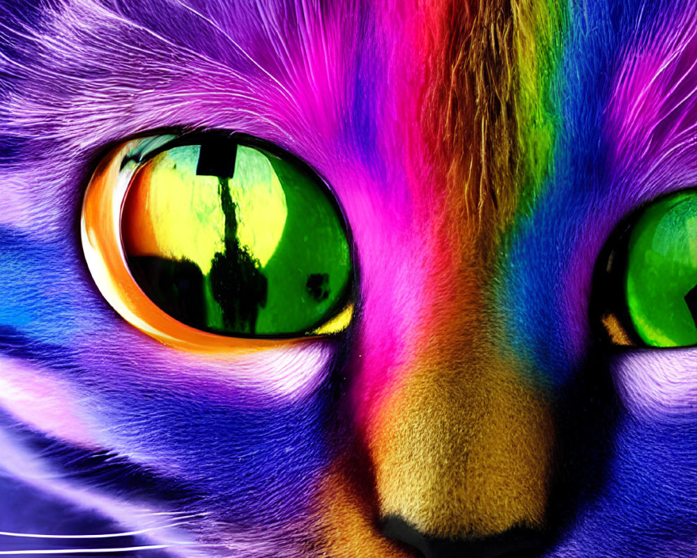 Colorful Close-Up of Cat with Rainbow Fur and Green Eyes in Urban Setting