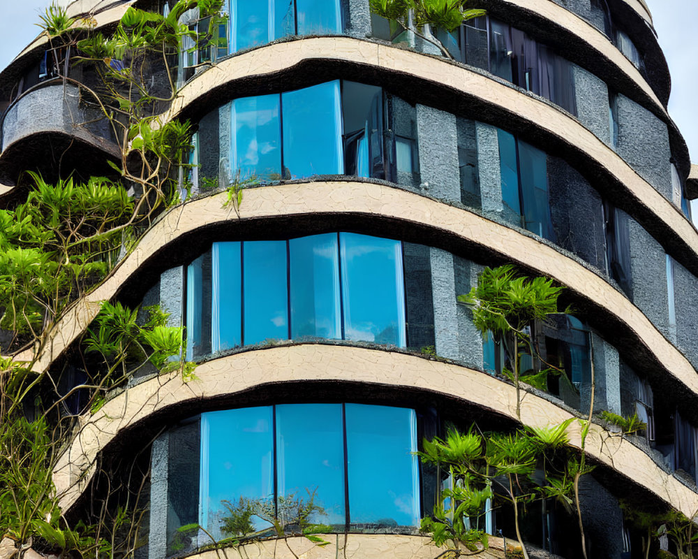 Contemporary building with green plant-lined balconies and reflective glass windows under blue skies.