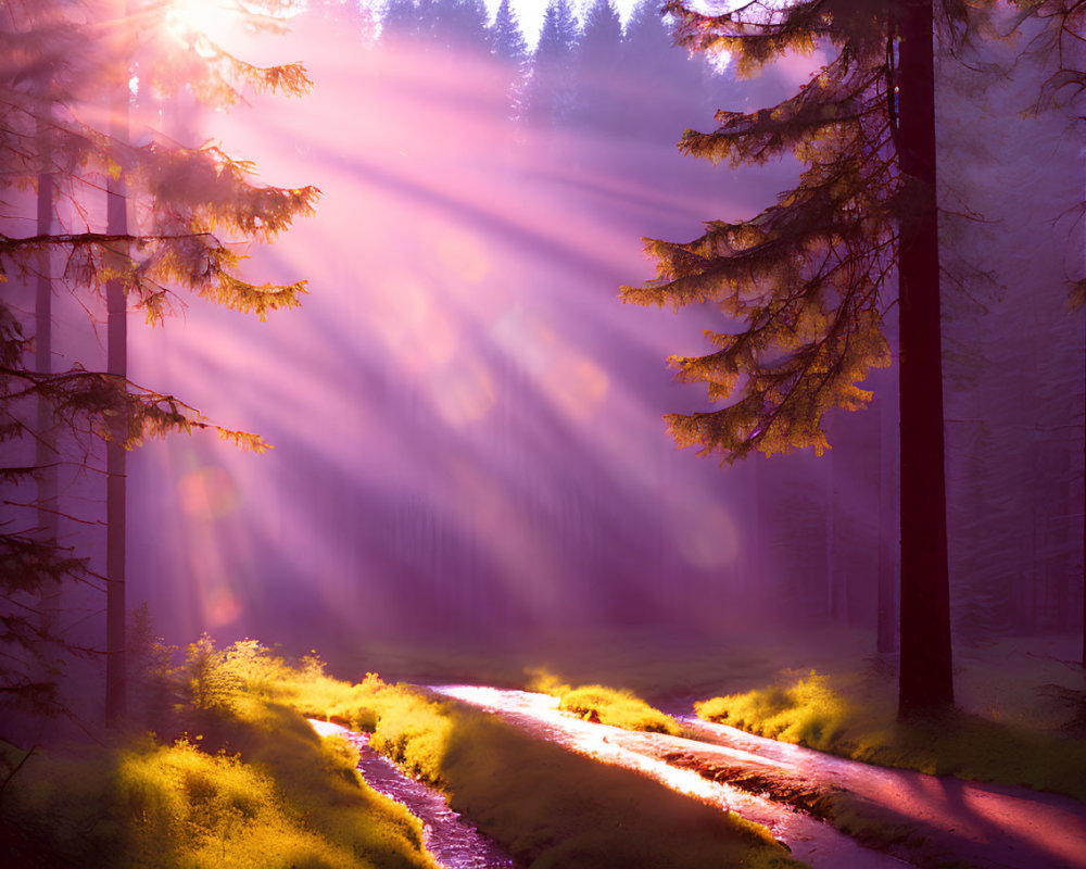 Misty forest scene with sunbeams and green foliage