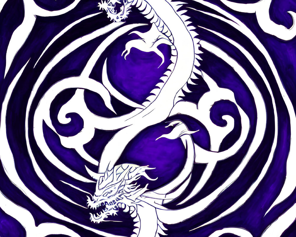 Intricate White Dragon on Swirling Purple Abstract Background