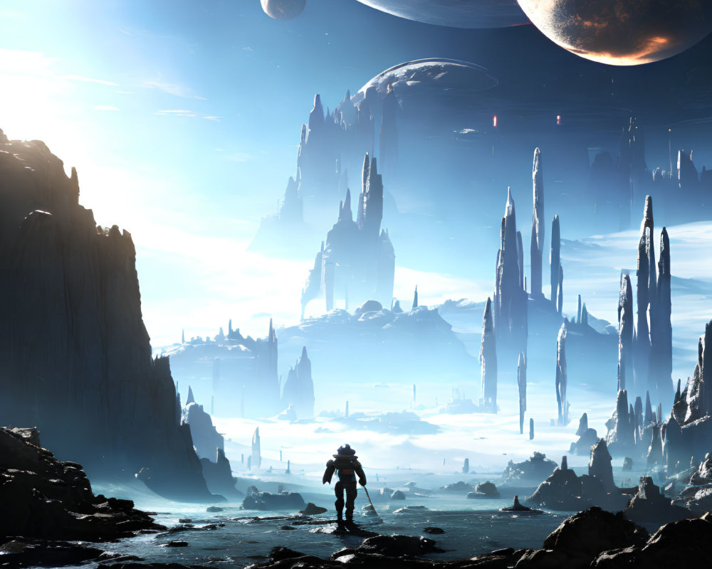 Astronaut on alien landscape with towering spires and planets in sky