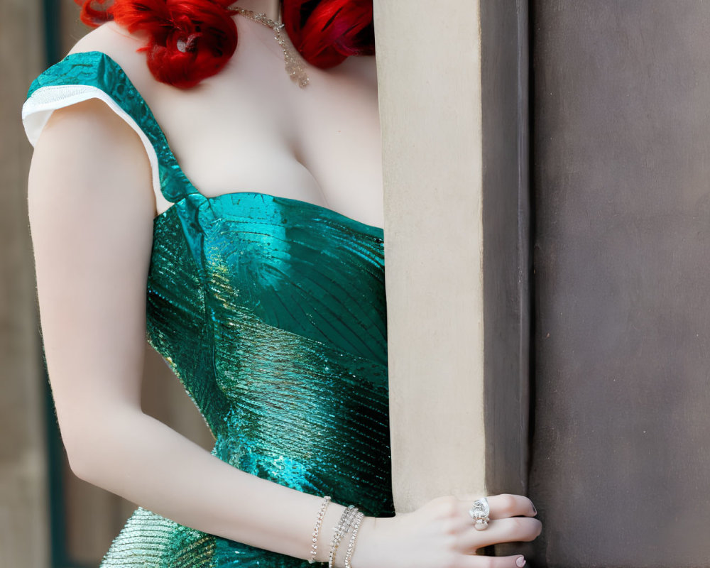 Red-Haired Woman in Teal Sequined Dress and Vintage Curls