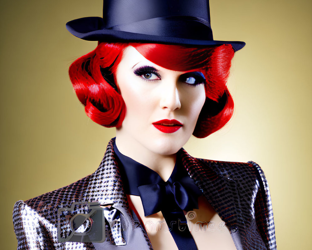 Vibrant red hair portrait in black top hat and suit against yellow background