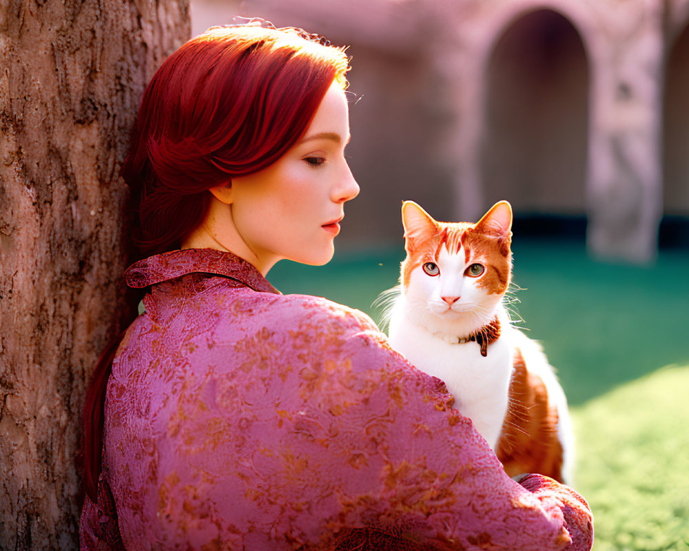 Red-haired woman holding orange and white cat in sunny embrace