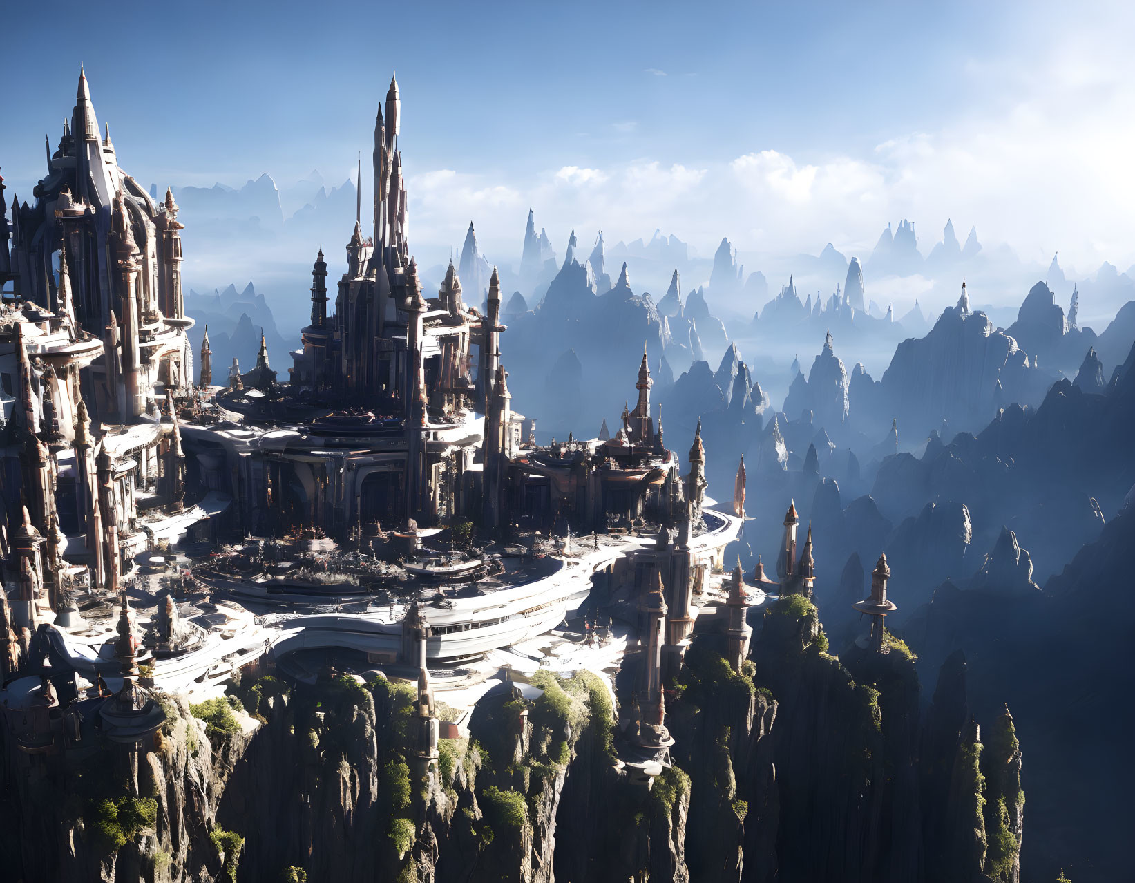 Fantastical cityscape with towering spires and floating mountains