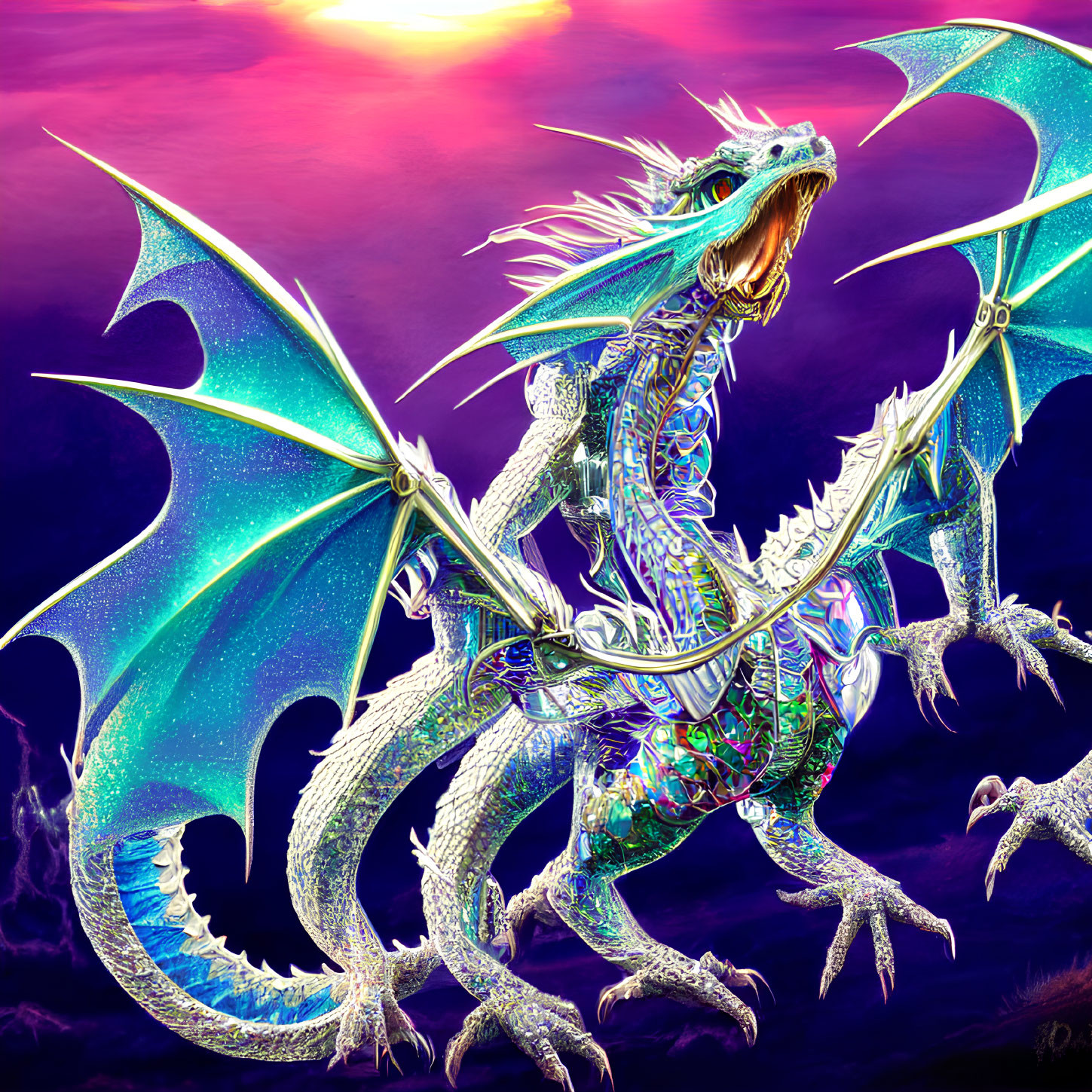 Colorful Dragon with Open Wings in Vibrant Purple Sky