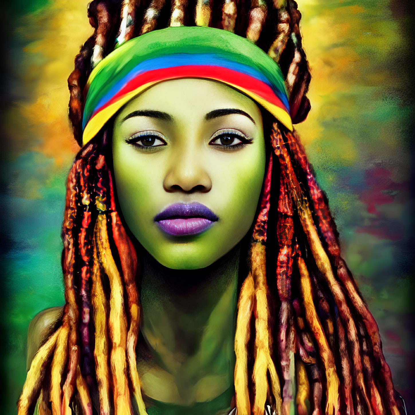 Colorful portrait of woman with dreadlocks and headband on vibrant background