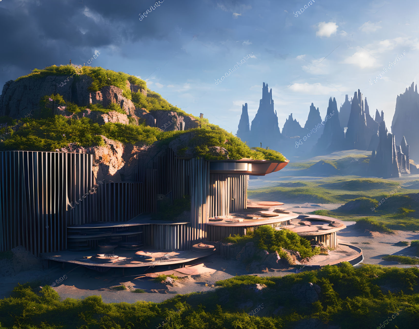 Futuristic building with terraces in lush, rocky landscape